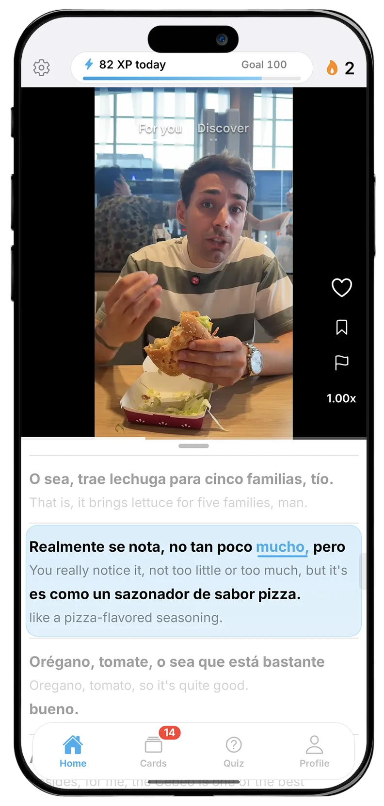 The Bingua feed: a video playing with a dual-language transcript scrolling beneath it, the Spanish line above the English one.