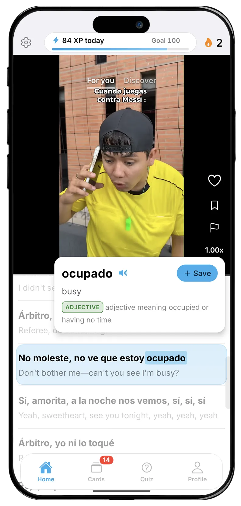 A tapped word opens a card reading "ocupado", translated as "busy" and labelled as an adjective, with a Save button beside it.