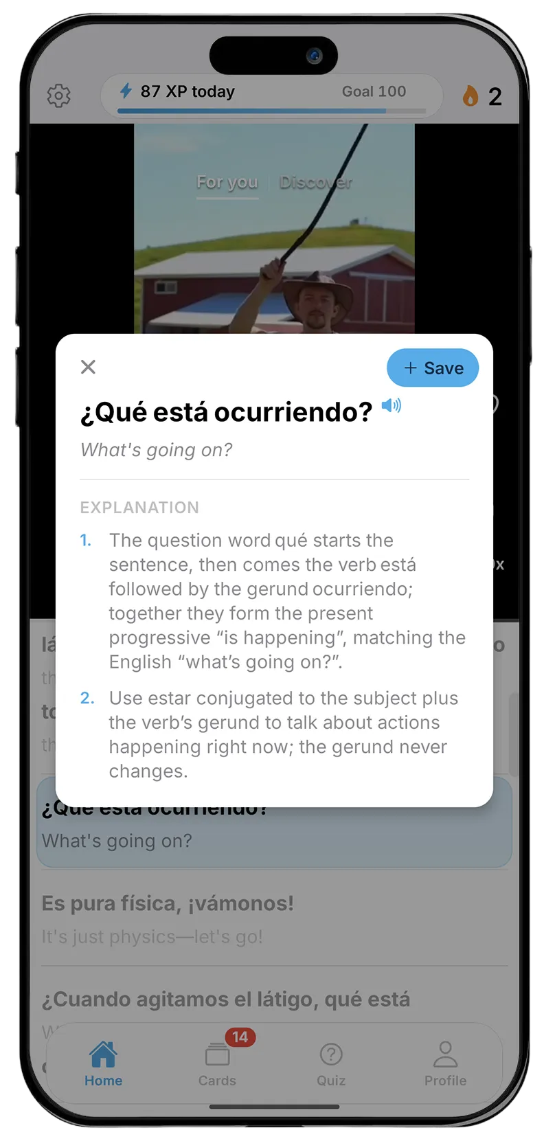 A sentence breakdown card explaining how a Spanish line fits together, with a Save button at the top.