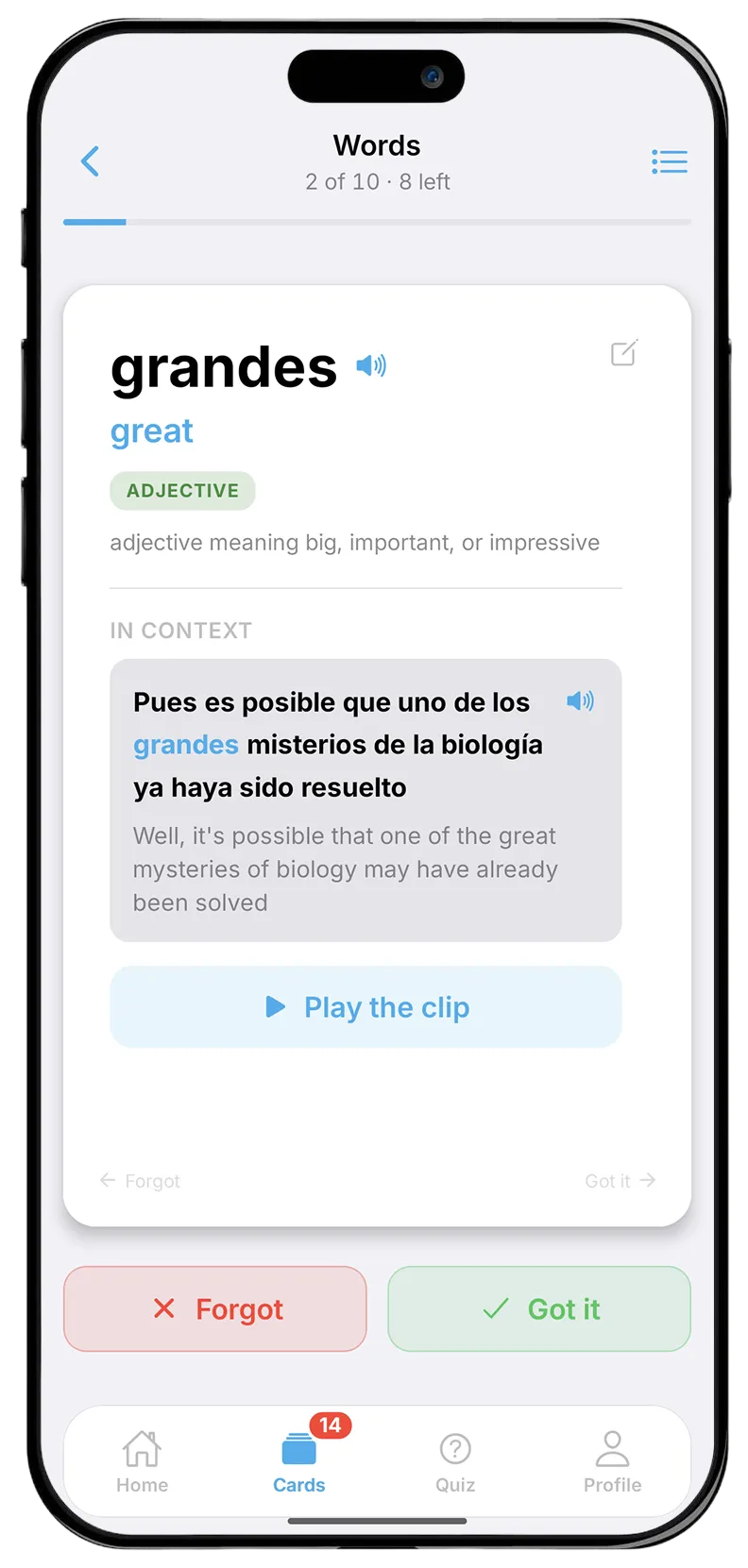 A saved card being reviewed: the word "grandes" with its meaning, the sentence it came from, and Forgot and Got it buttons.